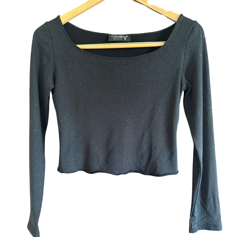 COSABELLA | Black Sparkly Cropped Long Sleeve Top Glitter Baby Tee | Medium